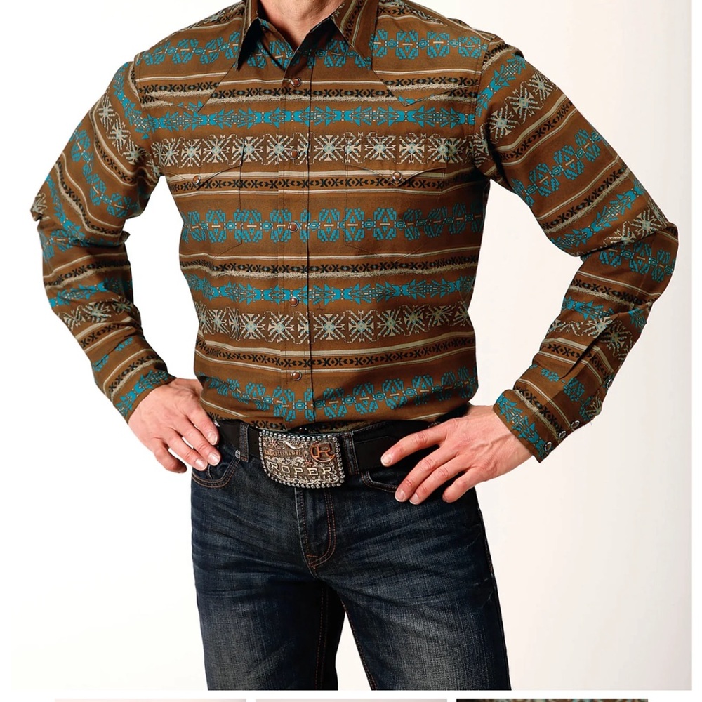 MENS LONG SLEEVE SNAP CLAY AZTEC PRINT WESTERN SHIRT medium and large size, 2pc
